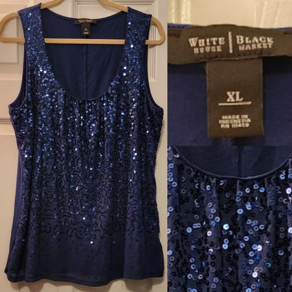 White House Black Market Sequin Tank Top • Navy Blue • Size XL